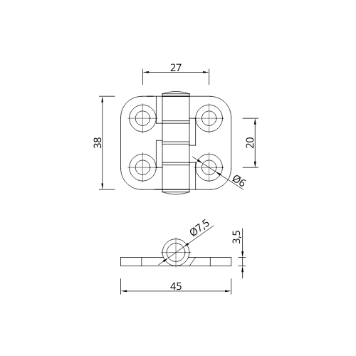 technical drawing of a butt hinge 45x38mm