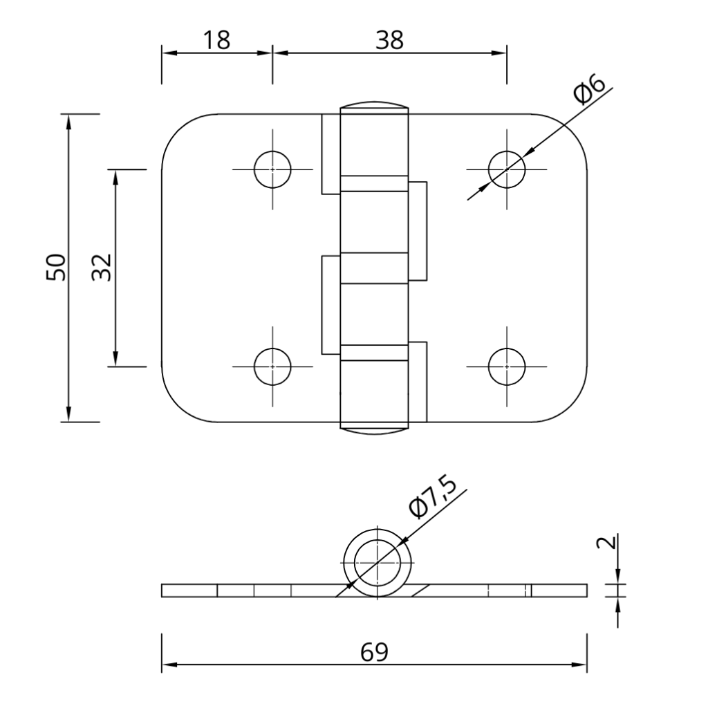 technical drawing of stainless steel butt hinge 69x50