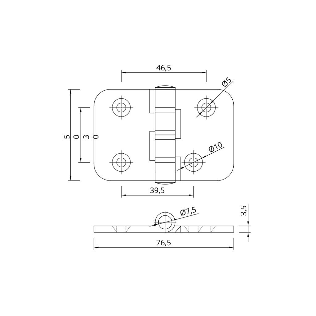 drawing of butt hinge 76mm x 50mm black alumimium
