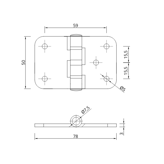 technical drawing of a butt hinge 78x50mm