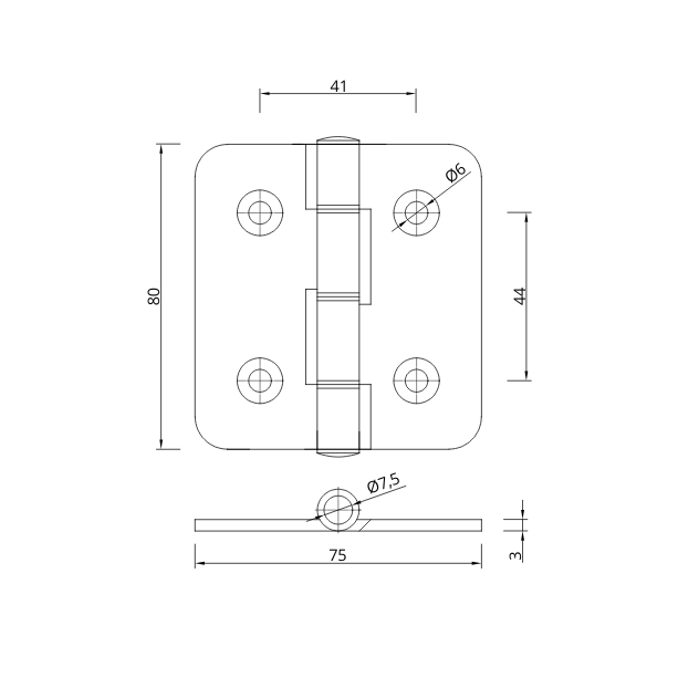 technical drawing of a butt hinge 80x75mm