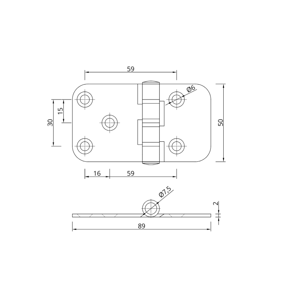 drawing of black powder coated aluminium hinge 89mm x 50mm
