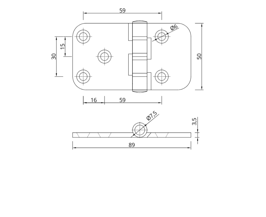drawing of black powder coated aluminium hinge 89mm x 50mm