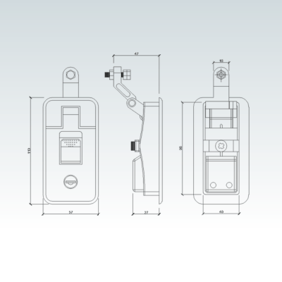CAD drawing with dimensions for canopy push lock also known as a pressure lever lock
