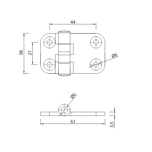 Technical drawing of a butt hinge 61x38 mm