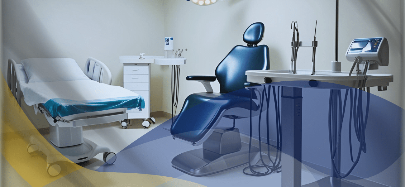 hospital bed, dentist chair and adjustable table in a hospital setting